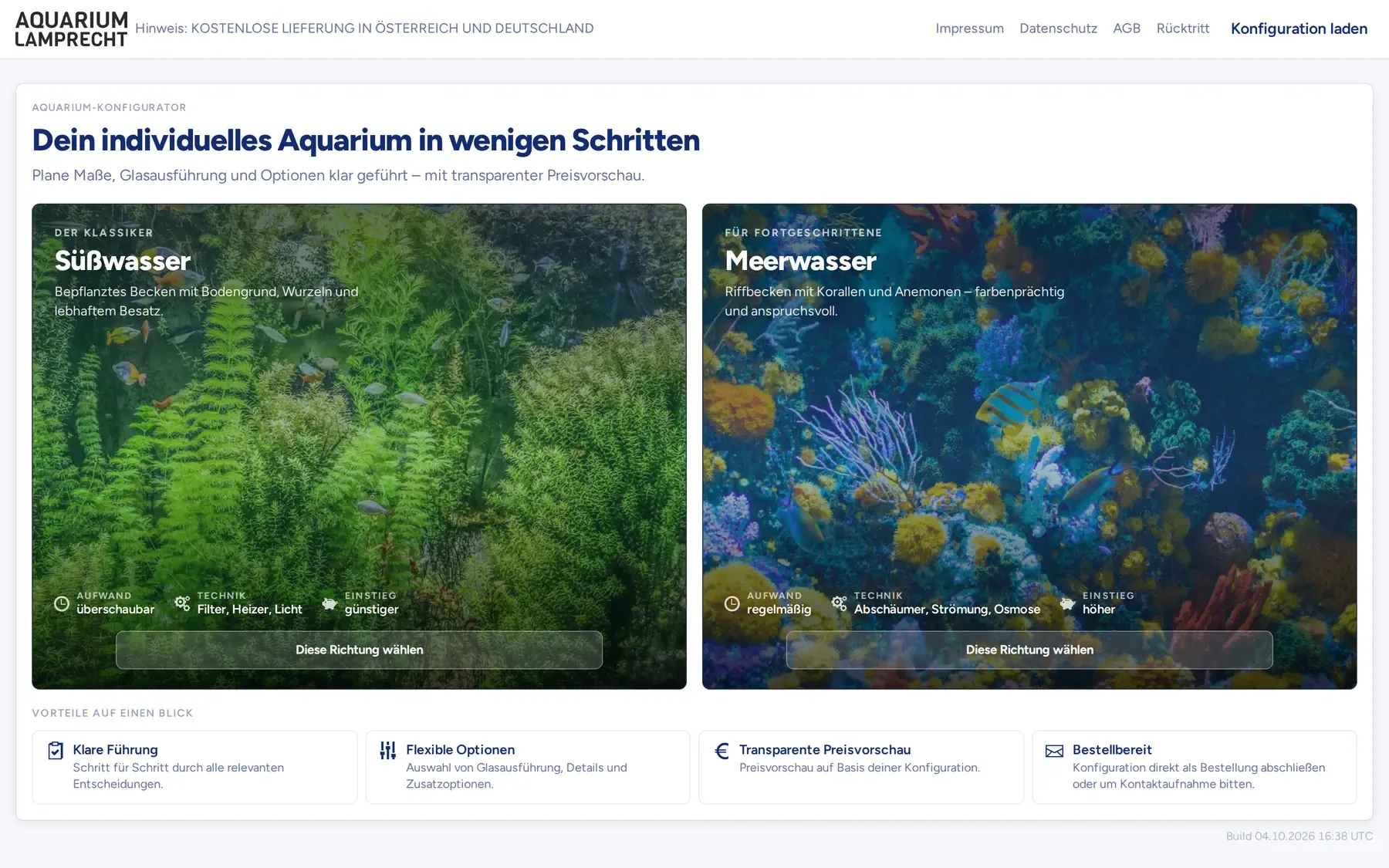 Startseite des Aquarium-Konfigurators mit der Auswahl zwischen Süßwasser und Meerwasser