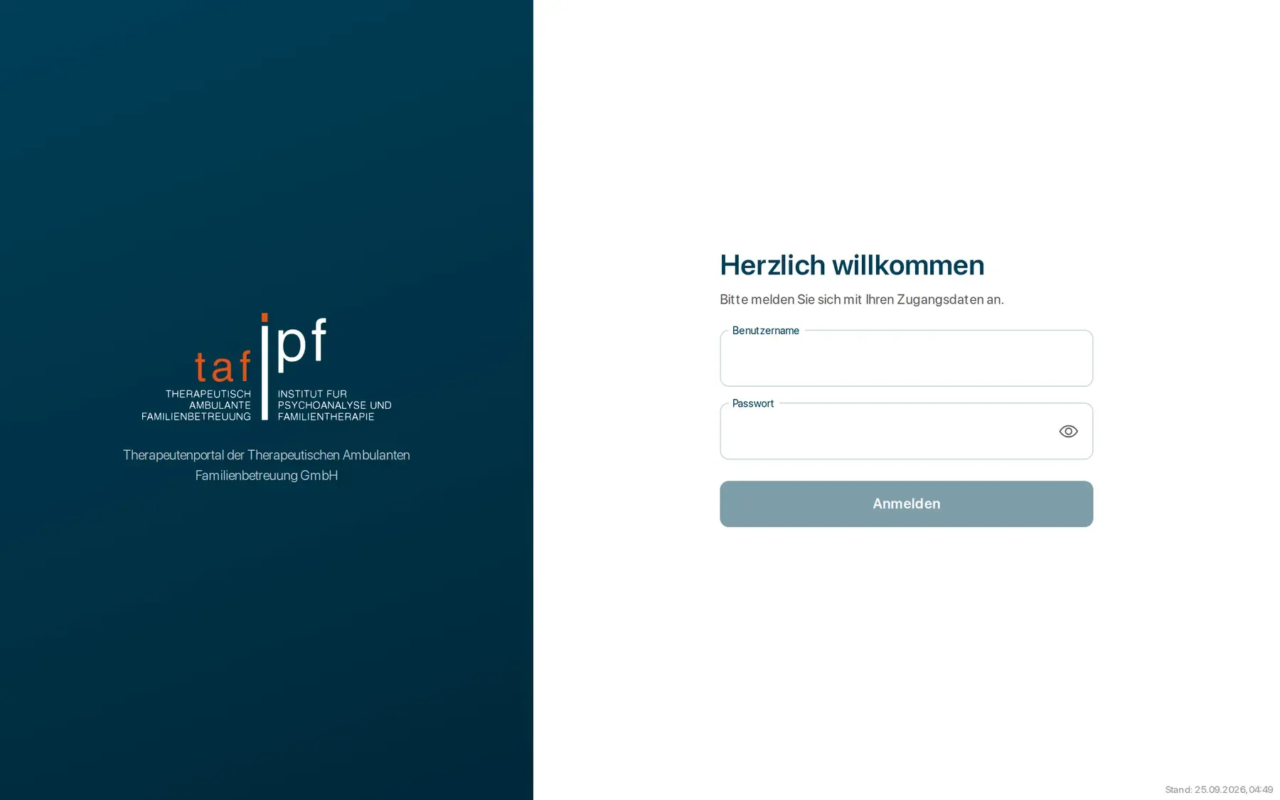 Anmeldeseite der TAF App für Therapeut:innen der Therapeutischen Ambulanten Familienbetreuung